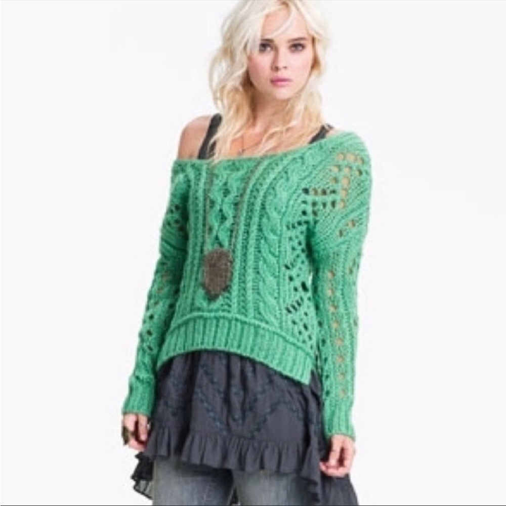 Free People Mint Green Chunky Open Cable Knit Sweater - Picture 2 of 8